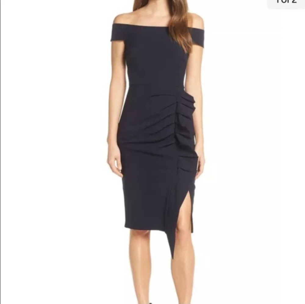 Eliza J Off The Shoulder Cascade Asymmetric Ruffle Sheath Dress Navy Blue Size 8